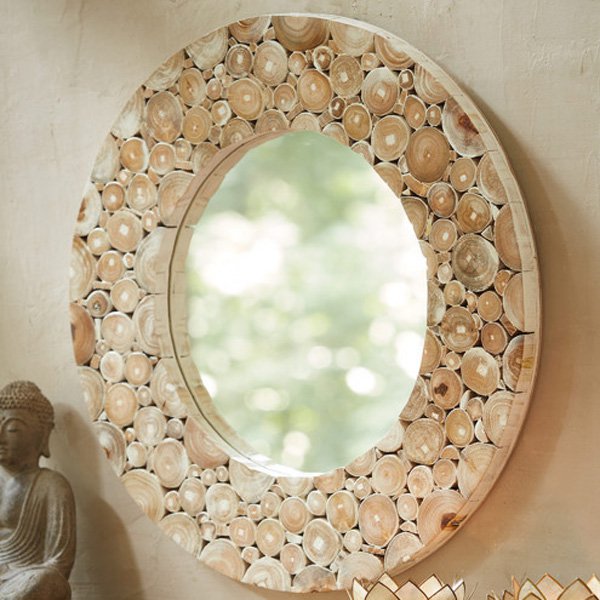 Round Teak Wood Slice Mirror