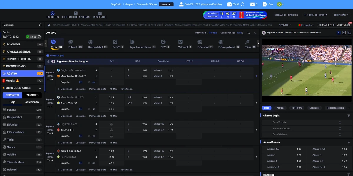 Painel AO VIVO do 5win Bet: 219 eventos simultâneos com live streaming Brighton vs Manchester United na Premier League