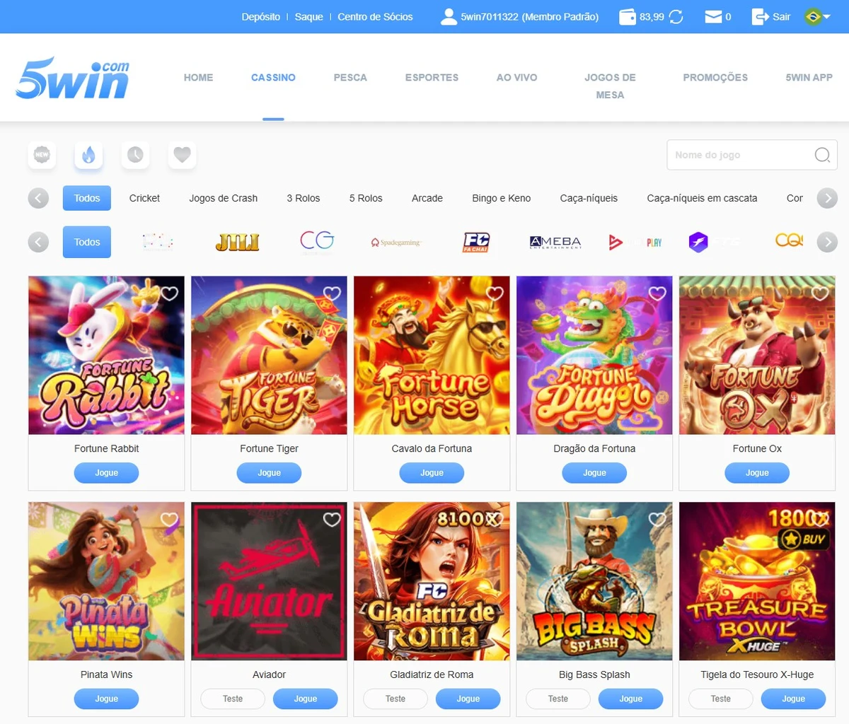 Cassino 5win Brasil visão geral: aba Cassino com grade de slots, banner Fortune Rabbit e filtros por provedor