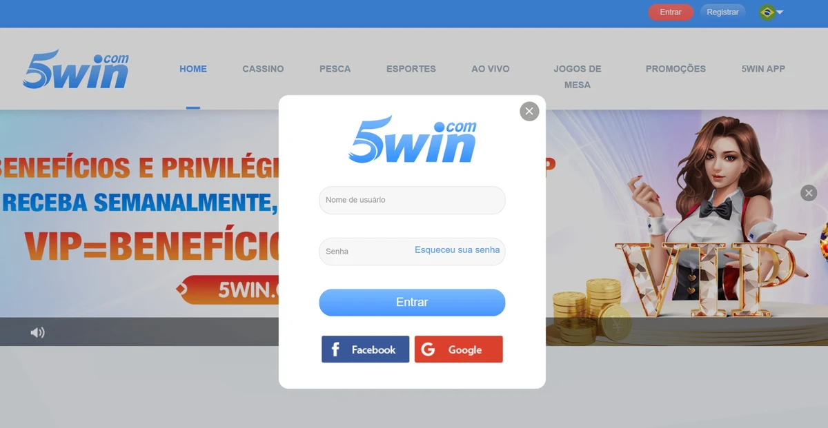 5win login: modal com campos nome de usuário e senha, link de recuperação e botões OAuth Facebook e Google
