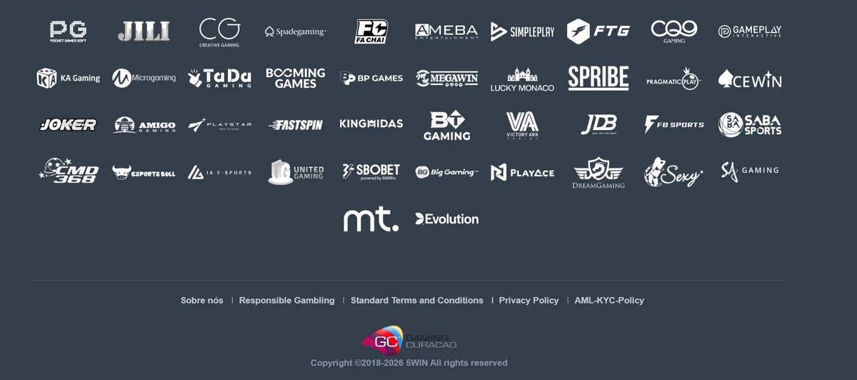 Rodapé do 5win com 42 provedores de jogo agregados, selo Gaming Curaçao e métodos de pagamento PIX e USDT