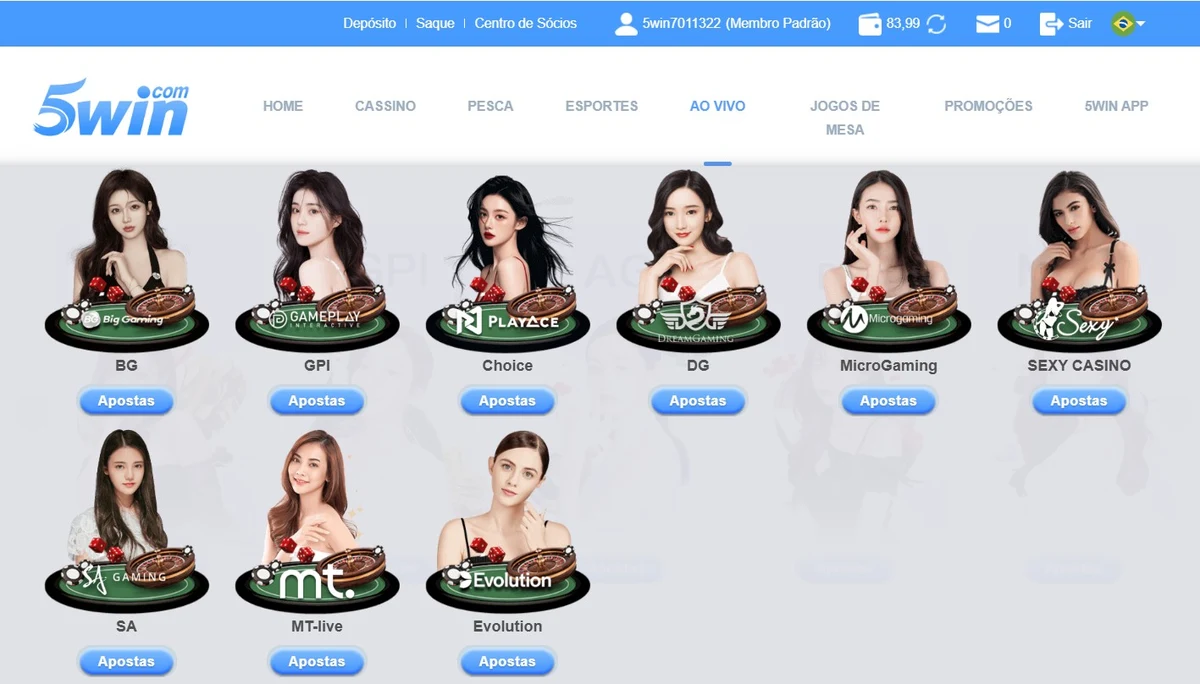 Cassino ao vivo 5win Brasil: 9 provedores incluindo Evolution, BG, DG, MicroGaming e SEXY CASINO em pt-BR