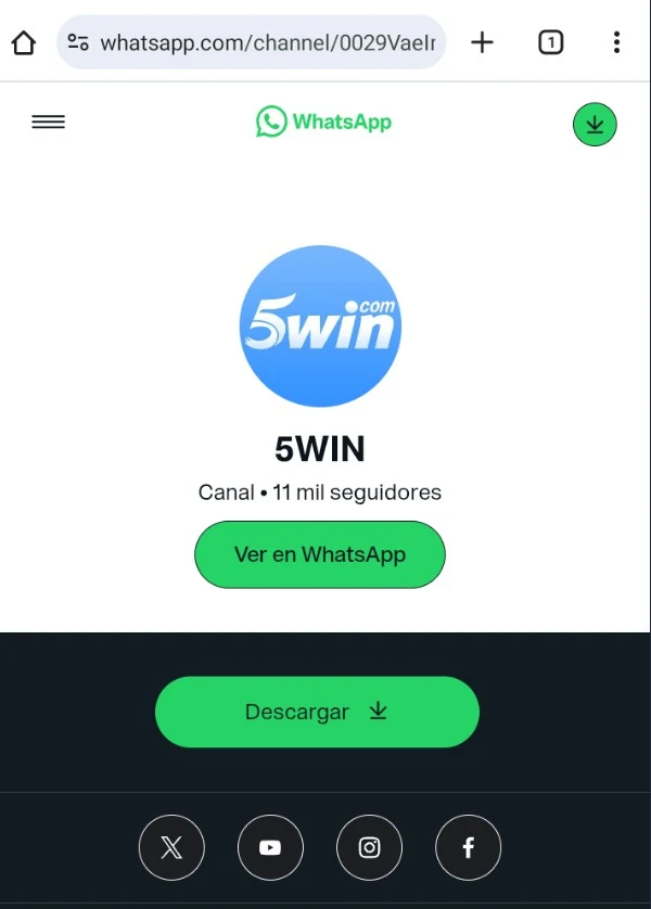 Canal WhatsApp do 5win Brasil com 11 mil seguidores: broadcast em pt-BR com link na página Contato