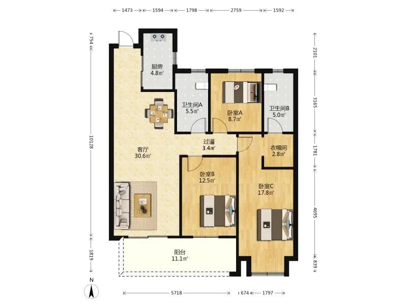 泛悦城南朝向精装3室2厅2卫建面139.58㎡约328万