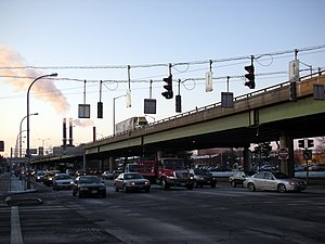 Photograph of Interstate 81, carried on an aging viaduct through the middle of Syracuse, New York