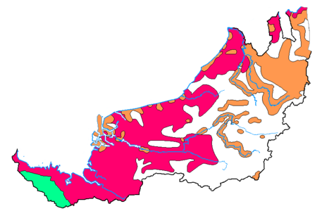 Distribution géographies des familles de langues utilisées au Sarawak : Langues malaïques Langues bornéo du Nord Langues dayak des terres Zones avec plusieurs familles de langues