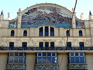 Fațada Hotelului Metropol din Moscova, cu mozaicuri de Mihail Vrubel (1899–1907)