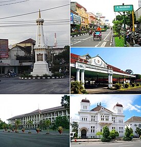 Saking kiwa searah jaum jam: Tugu Yogyakarta, Jalan Malioboro, Keraton Ngayogyakarta Hadiningrat, Bank Indonésia ring Yogyakarta, Universitas Gajah Mada