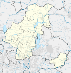 Mapa konturowa powiatu będzińskiego, na dole nieco na lewo znajduje się punkt z opisem „Będzin”