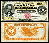 $500 Gold Certificate, Series 1882, Fr.xxxx, depicting Abraham Lincoln