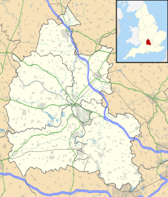 Mapa konturowa Oxfordshire, w centrum znajduje się punkt z opisem „Uniwersytet Oksfordzki”