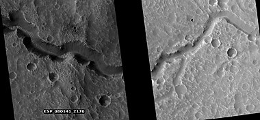 Close view of channel as seen by HiRISE under HiWish program. Much erosion is visible in places. Since July 23, 2023, HiRISE observations have lacked data from the RED4 CCD due to a hardware issue, creating a gap in the middle of image products.