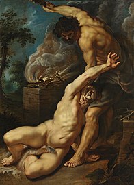 Caïn tuant Abel, Pierre Paul Rubens : Caïn maintient son frère couché près de l'autel du sacrifice.