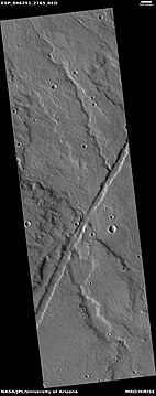 Straight trough is a fossa that would be classified as a graben. Curved channels may have carried lava/water from the fossa. Picture taken with HiRISE under HiWish program.