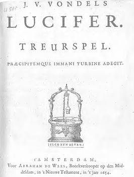 Titelpagina van de eerste editie uit 1654. Het Latijnse motto 'Praecipitemque immani turbine adegit' is ontleend aan Vergilius' Aeneis, VI, vs. 594. In Vondels vertaling van dat werk luidde de zin: 'd'Almaghtige Vader... dreef hem met eenen vreesselijcken dwarrelwint, dat hij tuimelde'.[1]