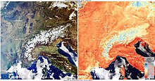 A Sentinel-3 image shows true colour (left) and land temperature (right) during the 2021 Eurasia winter heat wave