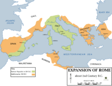 Carte de la Méditerranée. Rome en Italie et sur la côté ibérique. Conquête de l'intérieur de l'Hispanie, de l'Afrique, de la Narbonnaise, l'Illyrie, la Grèce et l'Asie au deuxième siècle avant Jésus-Christ.