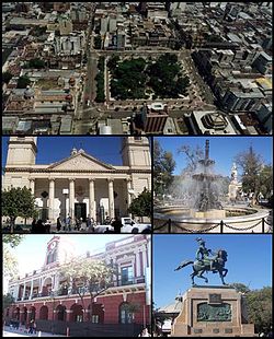 (From top to bottom; from left to right) Aerial view of the city; Cathedral; Plaza Libertad; Santiago del Estero Cultural Complex and Monument to Belgrano