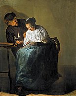 Judith Leyster: Man die een vrouw geld aanbiedt, 1631, anekdotisch thema met een erotiserende ondertoon.