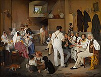 Ditlev Blunck: Deense kunstenaars in de osteria la Gonsola in Rome, 1837, een kolonie Deense kunstenaars in Rome, in mengeling van romantiek en realisme.