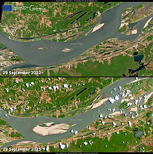 Copernicus Programme satellite imaging showing decreased water levels in the Amazonia river, Brazil due to severe drought, taken on 29 September 2022 and 2023