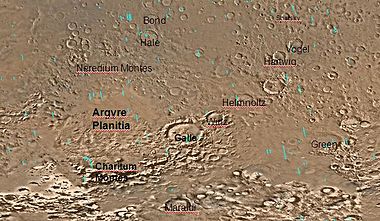 Map of Argyre quadrangle with major features labeled. Galle crater looks like a smile.