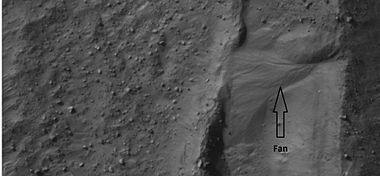 Small, well-formed alluvial fan, as seen by HiRISE under HiWish program. Location of this fan is shown in an image displayed above.