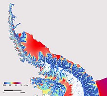 A map showing ice flow speed on the Antarctic Peninsula created from Sentinel-1A data