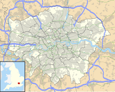 Mapa konturowa Wielkiego Londynu, blisko centrum na prawo znajduje się punkt z opisem „West Ham”