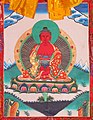 Tradiční zobrazení buddhy Amitábhy v tibetském buddhismu na svinovací malbě nazývané thangka