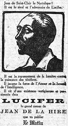 portrait dessiné en noir et blanc du personnage du Nyctalope au centre d'un court texte de présentation du roman Lucifer.