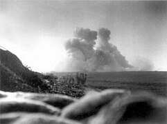 The explosion of the mine under Hawthorn Ridge Redoubt I, 1 July 1916 (Photo by Ernest Brooks)