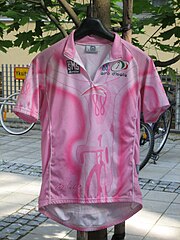 A pink jersey hung on coathanger, with bikes in the background