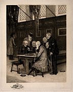 A pair of Pensioners, seated at a table, playing draughts, w Wellcome V0012943.jpg