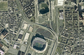 Satellitenbild vom Camden Yards Sports Complex mit dem M&T Bank Stadium (unten) und dem Oriole Park at Camden Yards