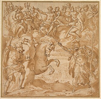 Concours entre Athéna et Poséidon pour la possession d'Athènes par Cesare Nebbia, vers 1570. Metropolitan Museum of Art.