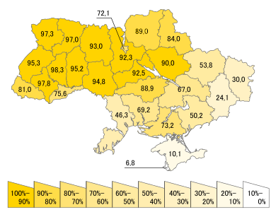 Populace s rodným jazykem ukrajinštinou na Ukrajině dle oblastí (sčítání v roce 2001)