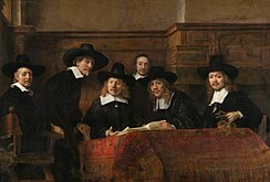 Rembrandt: De staalmeesters, 1662, een ernstig kijkend gezelschap, in sobere zwarte kledij, maar in een opvallende beweeglijkheid weergegeven.