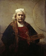 Rembrandt: Zelfportret met twee cirkels, 1665-1669, laat werk uit een lange serie zelfportretten, pasteus en los geschilderd, met veel contrasten.