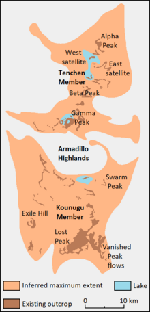 Diagram showing the locations of rock outcrops, prehistoric lakes and the inferred maximum extent of a geological formation.