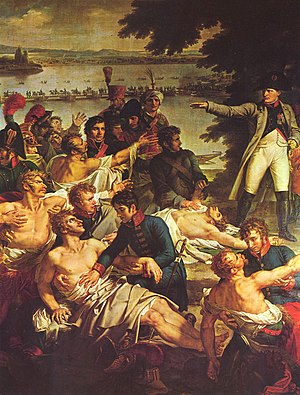 Rückkehr Napoleons auf die Insel Lobau am 23. Mai nach der Schlacht bei Aspern (Französisch: Retour de Napoléon sur l'île de Lobau le 23 mai après la bataille d'Essling) (Charles Meynier)