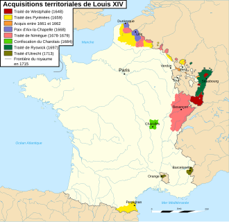 carte représentant le territoire français et ses ajouts de 1643 à 1715.