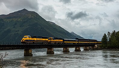 An Alaska Railroad locomotive over a bridge in Girdwood approaching Anchorage (2007)