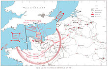 A map of southern Britain, northern France and Belgium, marked with the routes the Allied air and naval invasion forces used in the D-Day landings, areas where Allied aircraft patrolled, locations of railway targets that were attacked, and areas where airfields could be built