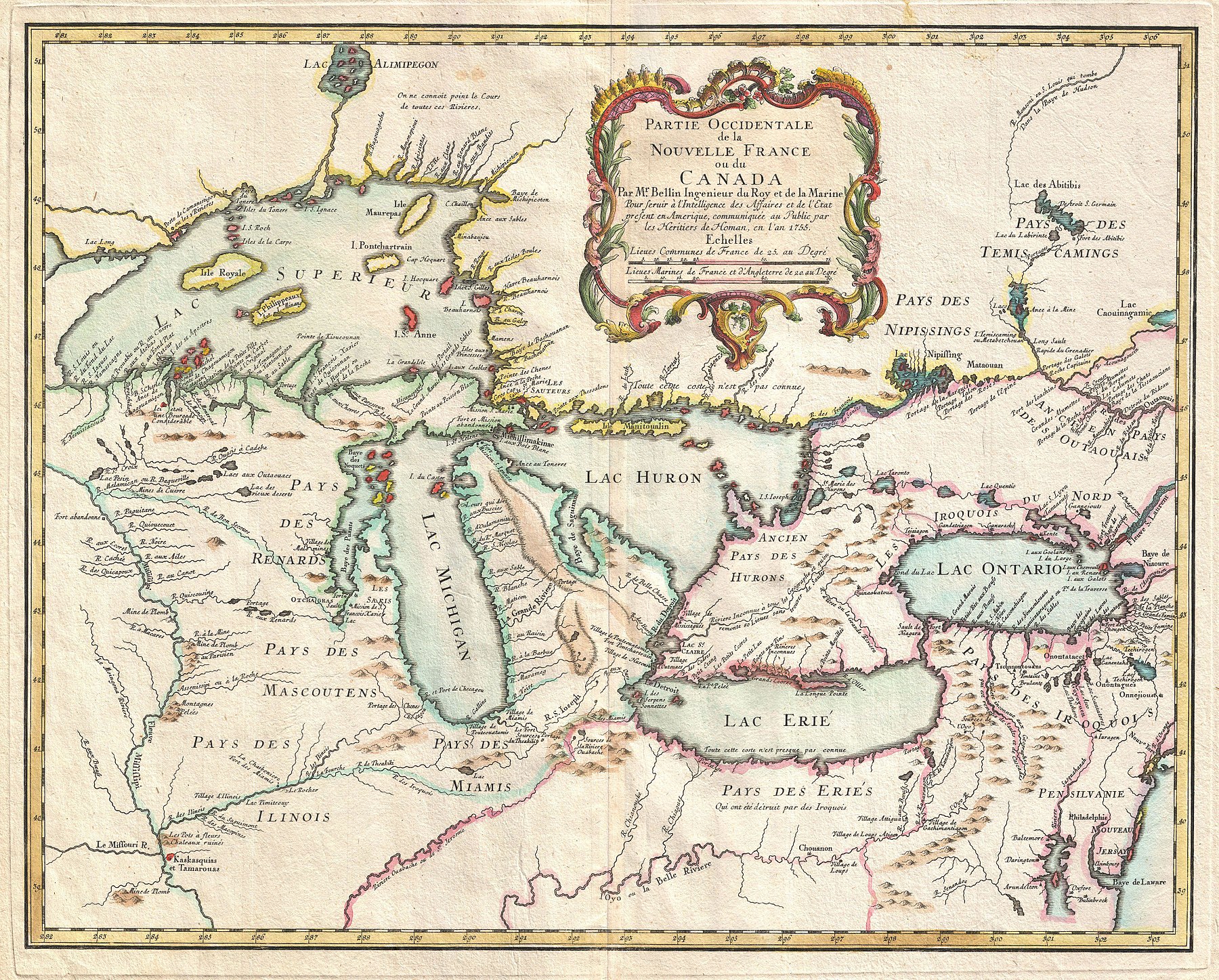 Northern Michigan as shown on a 1755 Map of New France showing various islands, land features, rivers, and settlements. (In French, "I. du Castor" means Beaver Island, "L'ours qui dort" means The Bear That Sleeps, and "Ance au tonnerre" means Thunder Bay). The map also shows several rivers that retained some similar names: Rue Aux Buscies, and Rue d'Oulamanittie, Rue du Pierre Marquet.