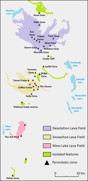 Diagram showing the locations of volcanoes and lava fields of a geological formation.