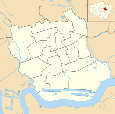 Mapa konturowa gminy Newham, po lewej znajduje się punkt z opisem „West Ham”