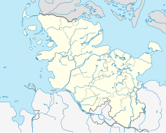 Mapa konturowa Szlezwika-Holsztynu, na dole znajduje się punkt z opisem „Elmshorn”