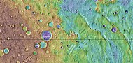 Topographical map showing location of Auki crater and other nearby features. Color shows elevation.