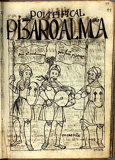 Francisco Pizarro and Diego Almagro portrayed in 1615 by the Inca painter Guamán Poma. Royal Library, Denmark.